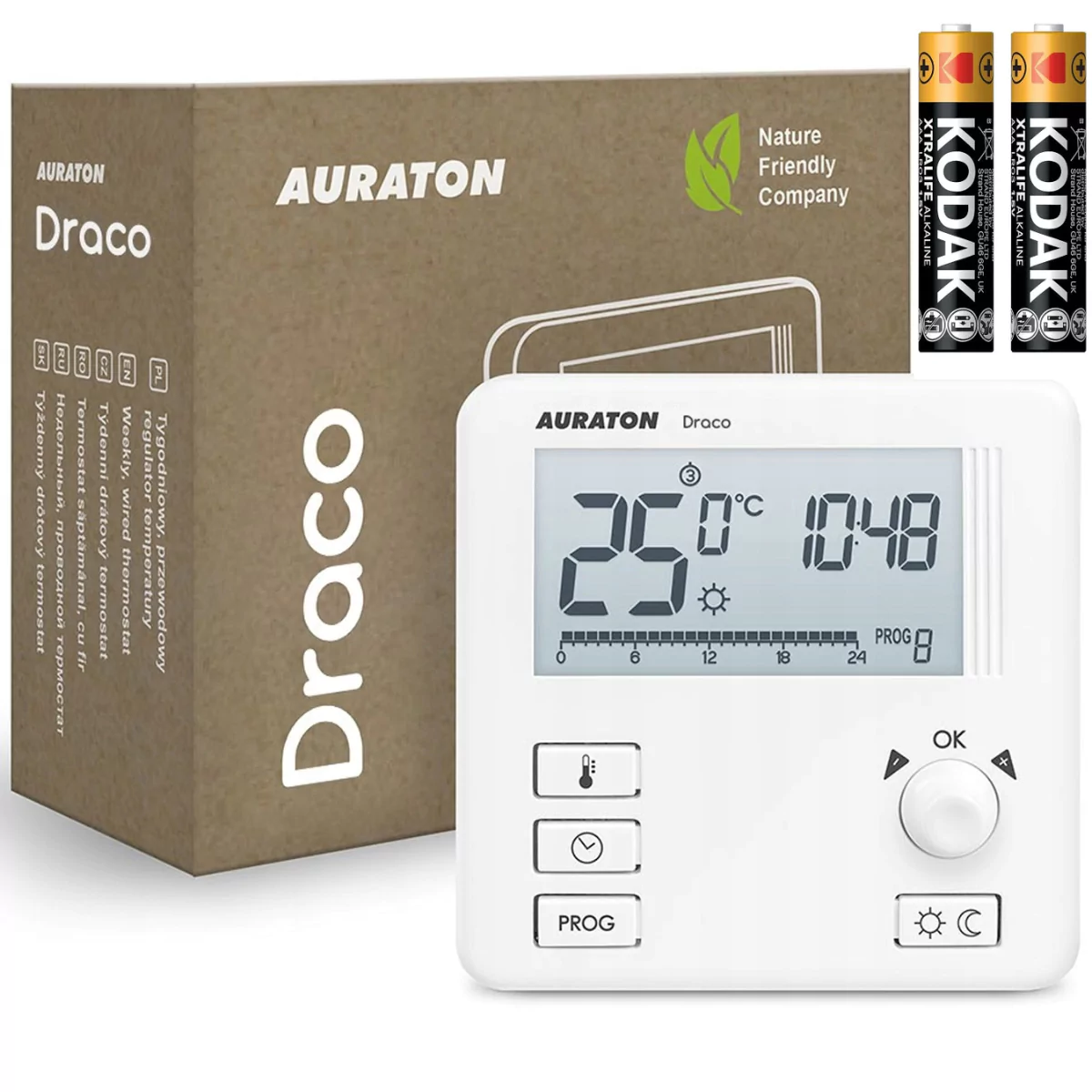 Drôtový termostat Auraton Draco s podsvieteným LCD displejom a ovládacími tlačidlami