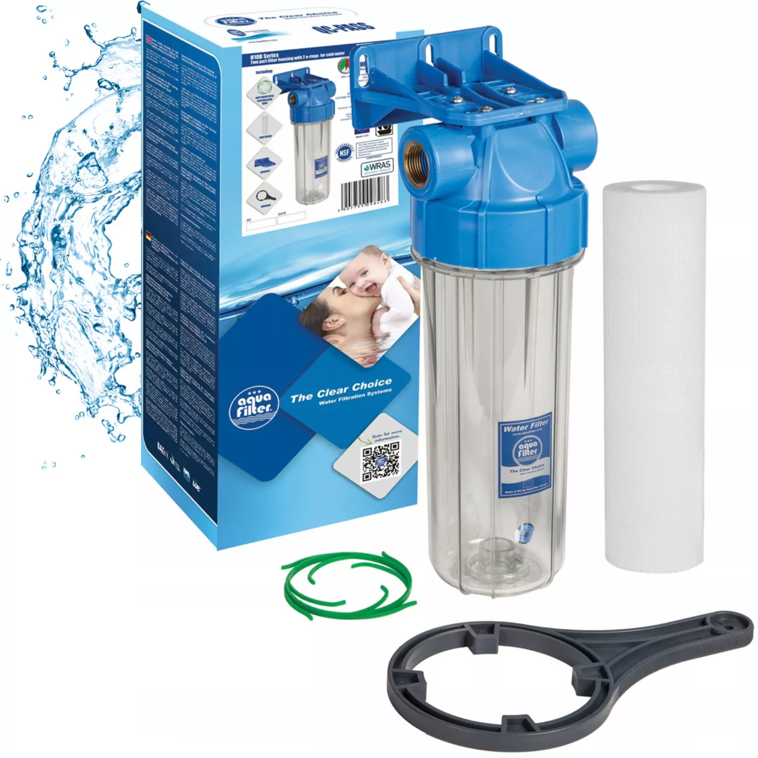 Priehľadný predfiltračný korpus AQUA FILTER s modrou hlavou a vložkou