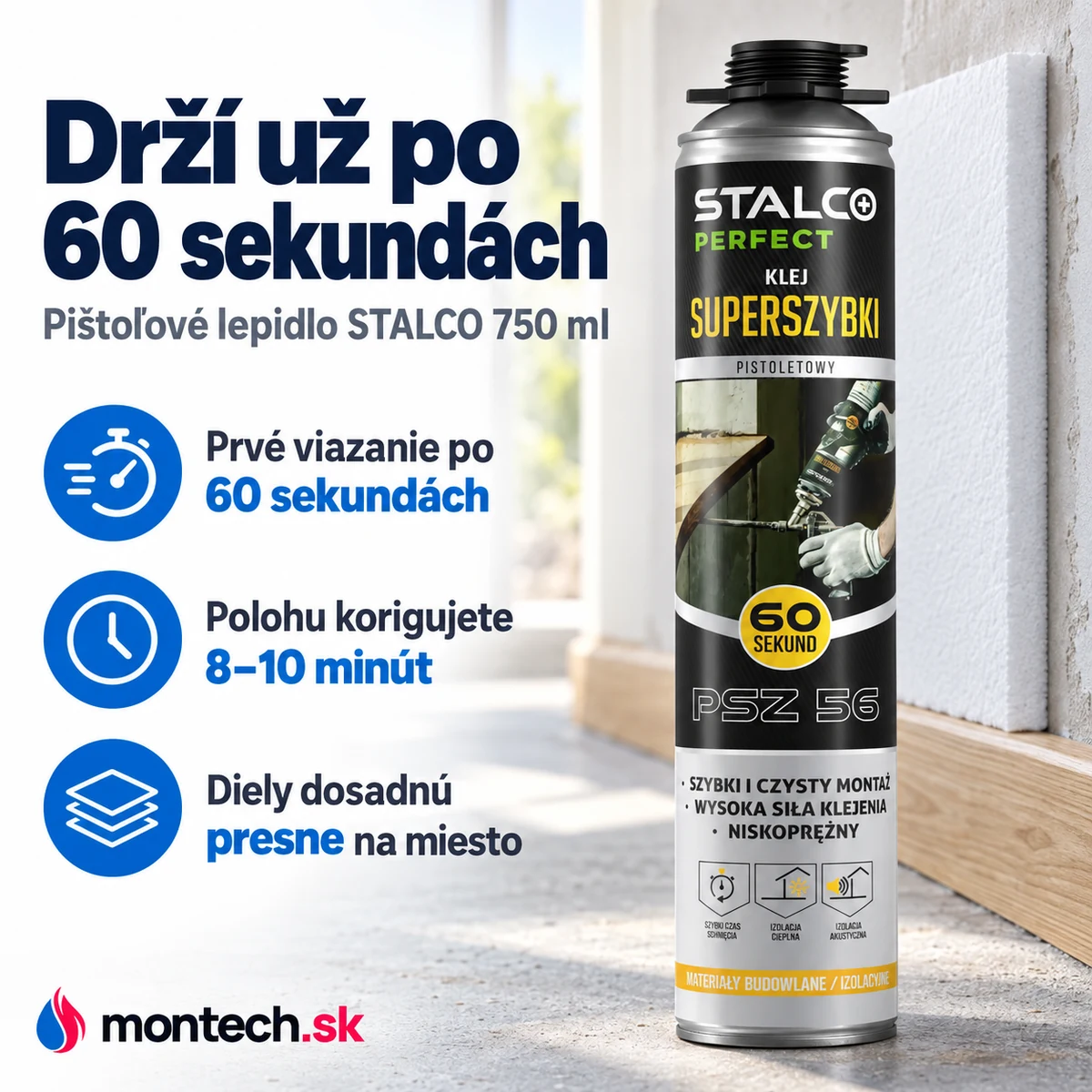 Nádoba pištoľového lepidla STALCO stojí na betónovej podlahe pri stene s prilepenou izolačnou doskou a osadenou lištou.