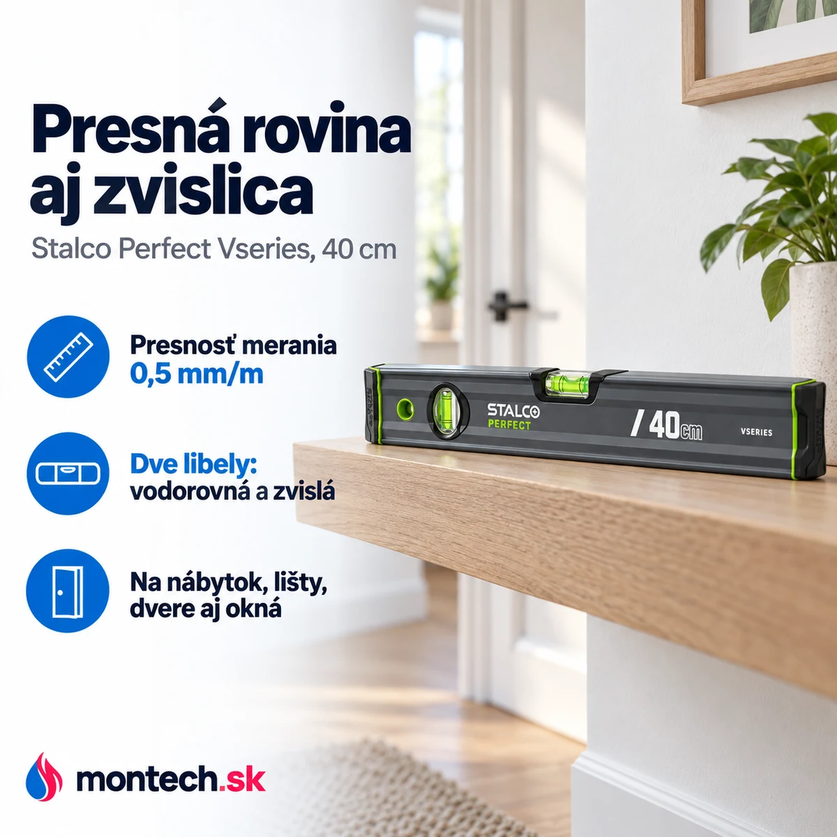 Antracitová vodováha Stalco leží na novo osadenej dubovej polici pri bielej stene, viditeľná zelená vodorovná libela.