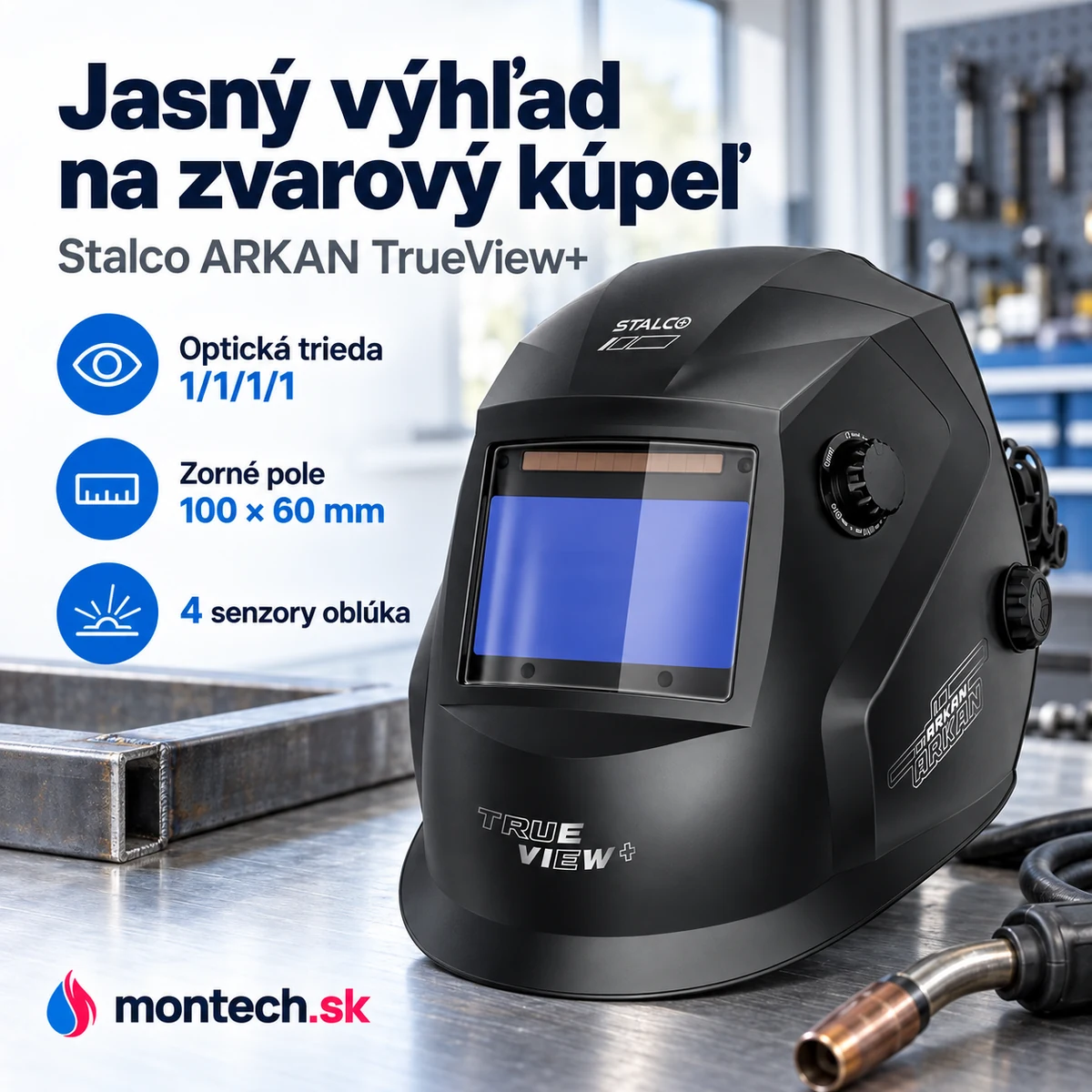 Čierna zváračská kukla na oceľovom pracovnom stole v dielni, vedľa zvarený oceľový rám s čistým zvarom