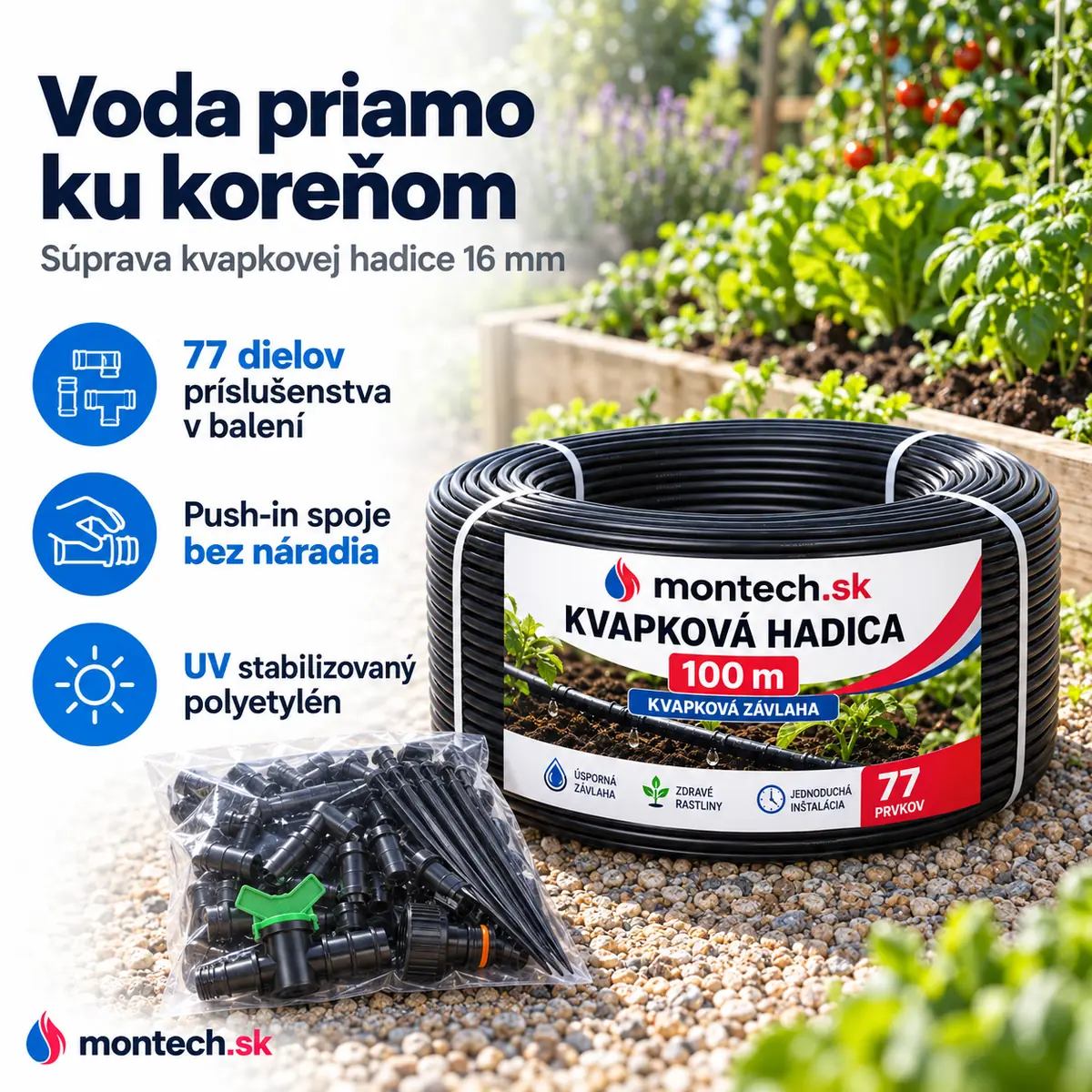 Stočená čierna kvapková hadica na štrkovom chodníku pri vyvýšenom záhone so zdravou zeleninou