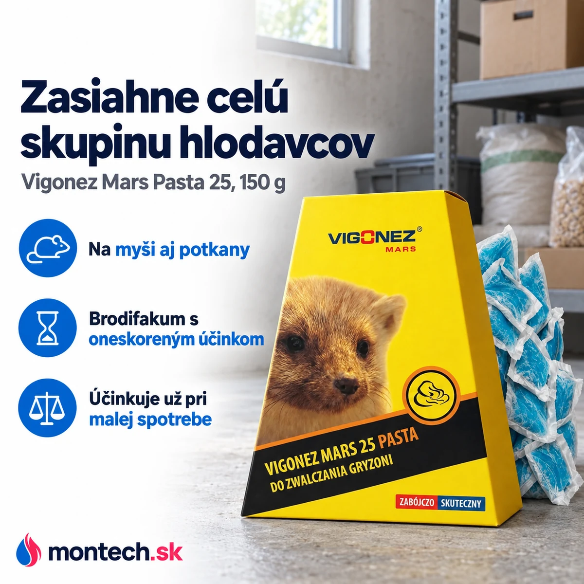 Žltá krabica Vigonez Mars Pasta 25 so zväzkom modrých sáčkov stojí na betónovej podlahe čistej suchej pivnice pri regáli.