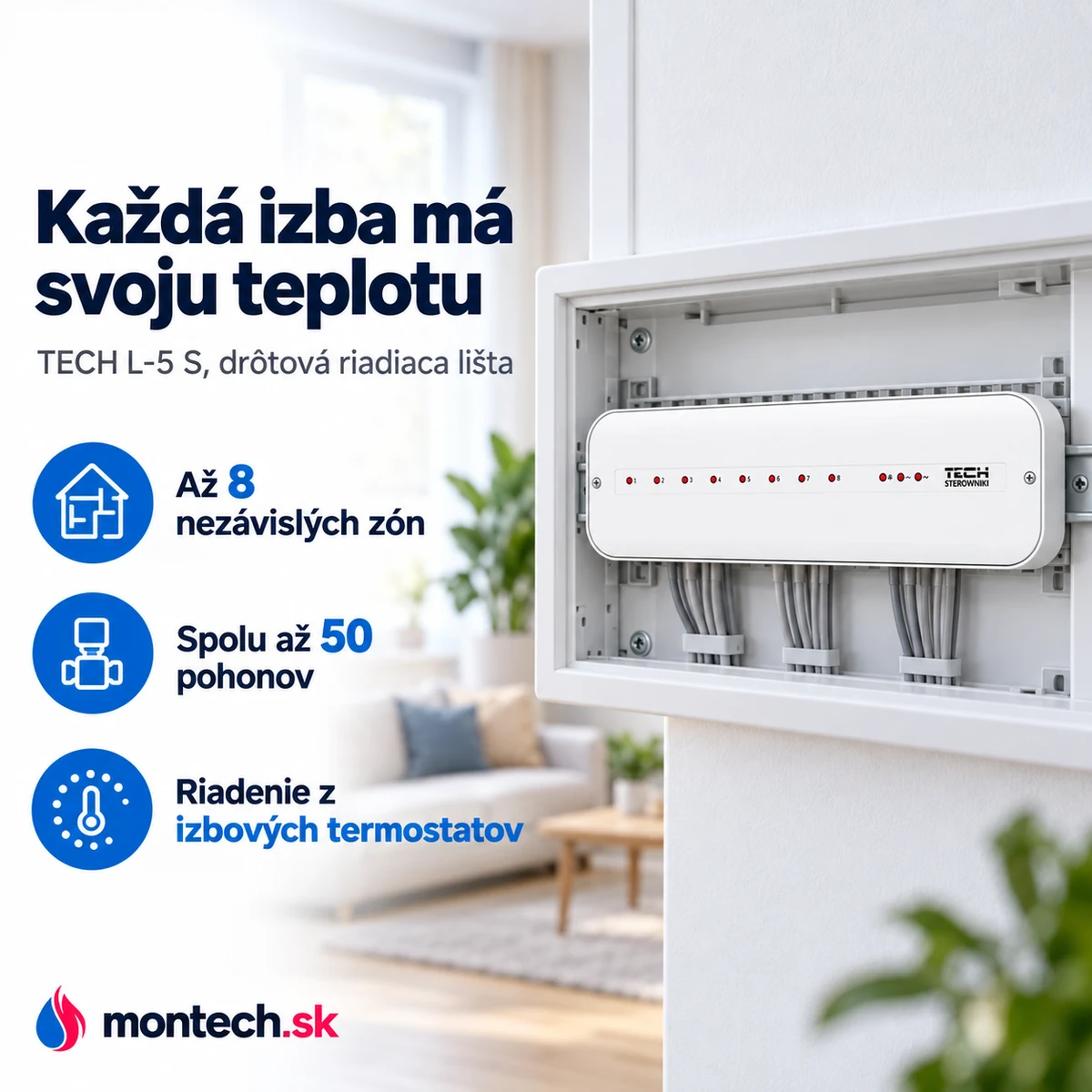 Biela riadiaca lišta TECH L-5 S osadená na DIN lište v otvorenom nástennom rozvádzači, v pozadí rozostrená obývačka s drevenou podlahou