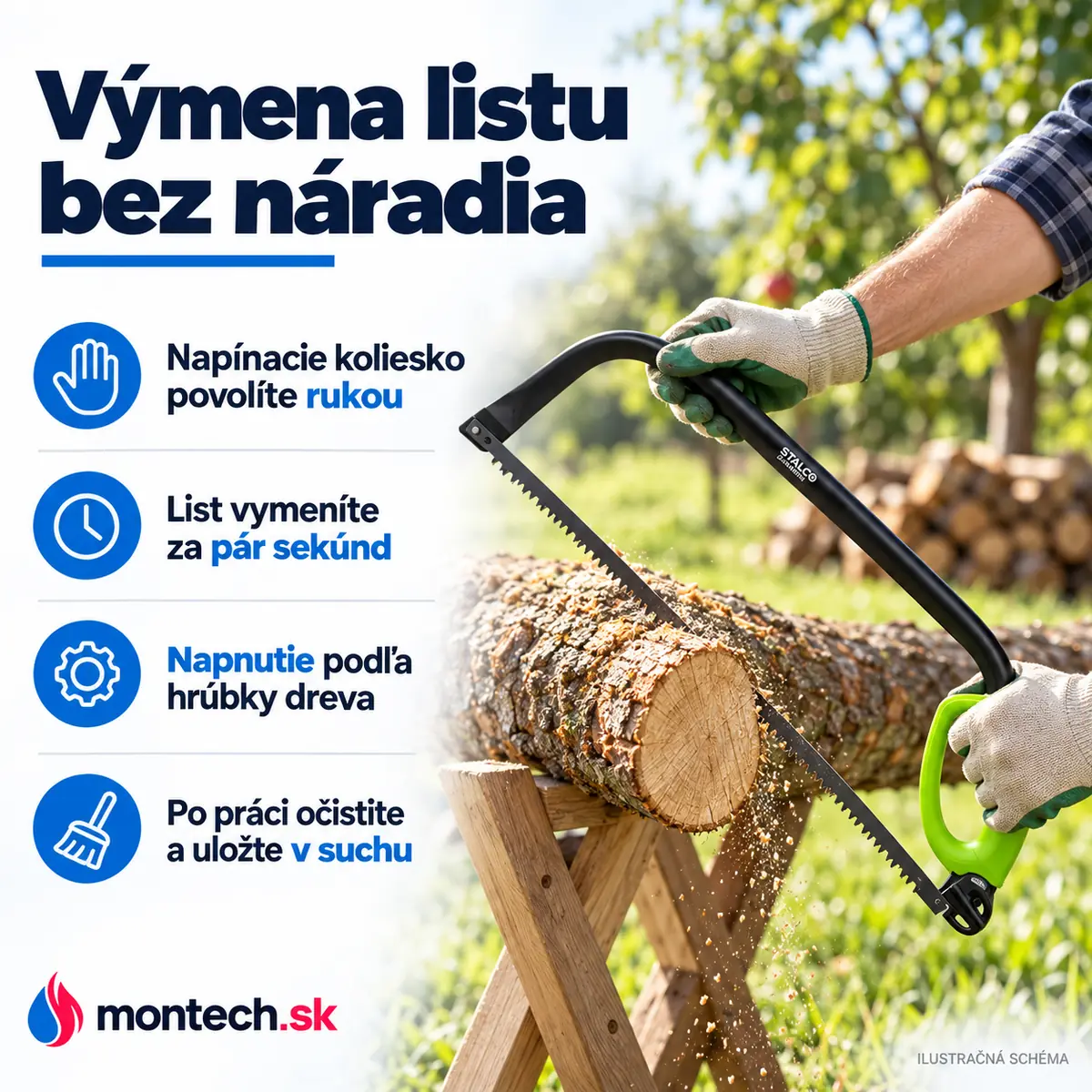 Ruky v pracovných rukaviciach pília oblúkovou pílou hrubé poleno na drevenej koze v záhrade
