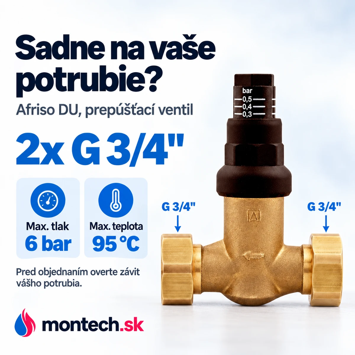 Mosadzný ventil DU spredu na bielom pozadí so značkami vnútorných závitov na oboch prípojkách