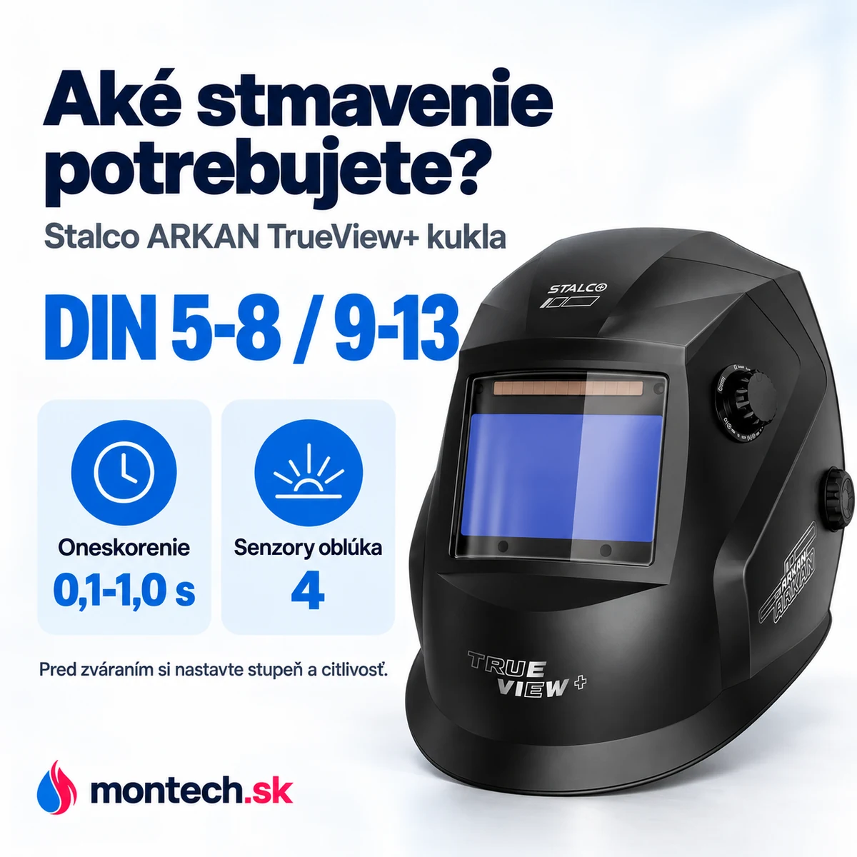 Zváračská kukla spredu na bielom pozadí s viditeľným bočným ovládacím kolieskom stmavenia