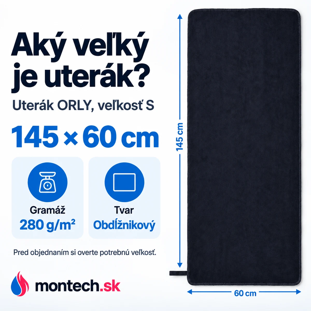 Rozprestretý tmavomodrý uterák na bielom pozadí s modrými kótami 145 cm na dĺžku a 60 cm na šírku
