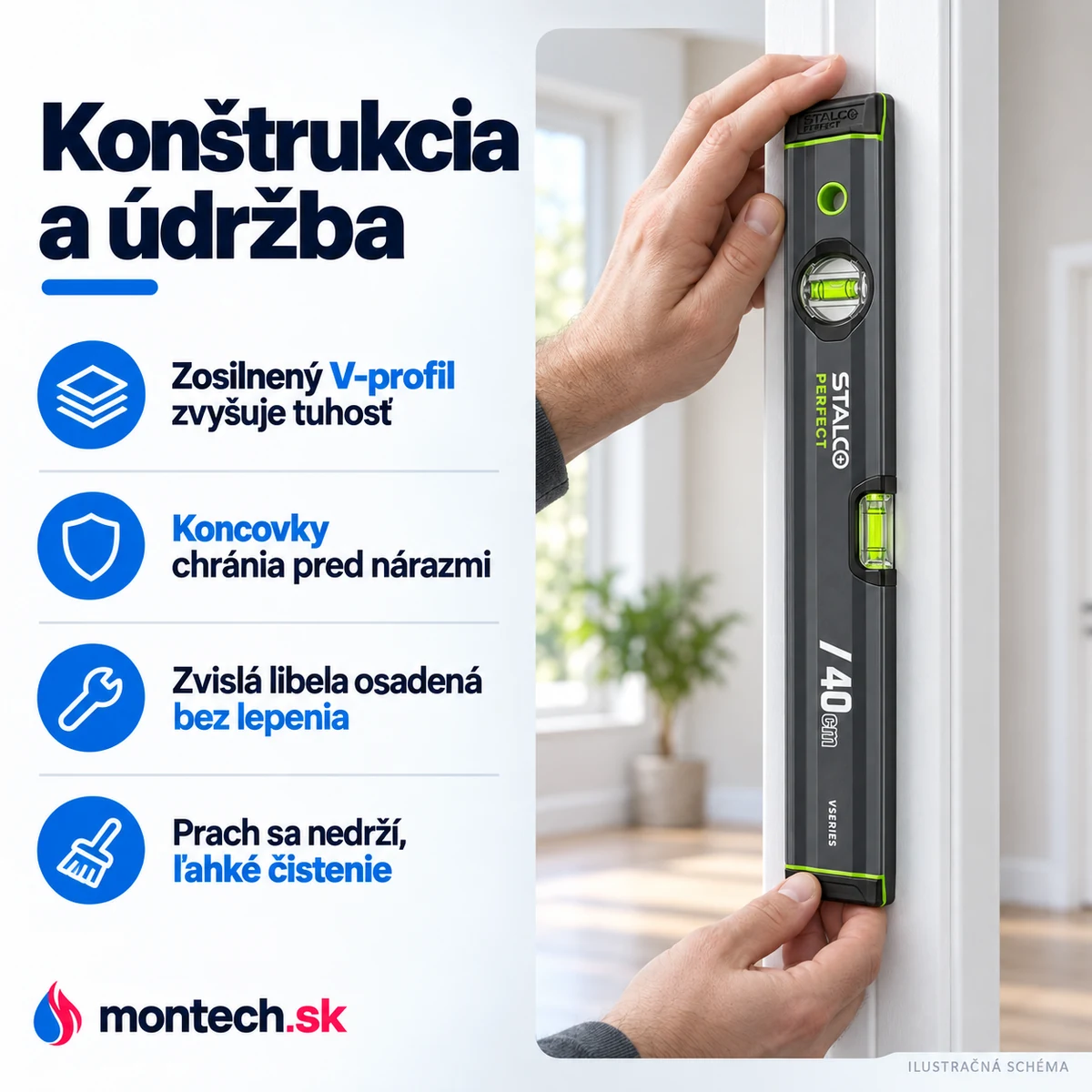 Ruky pridržiavajú antracitovú vodováhu zvisle pri hrane bielej zárubne, viditeľná zvislá libela a čierna koncovka.