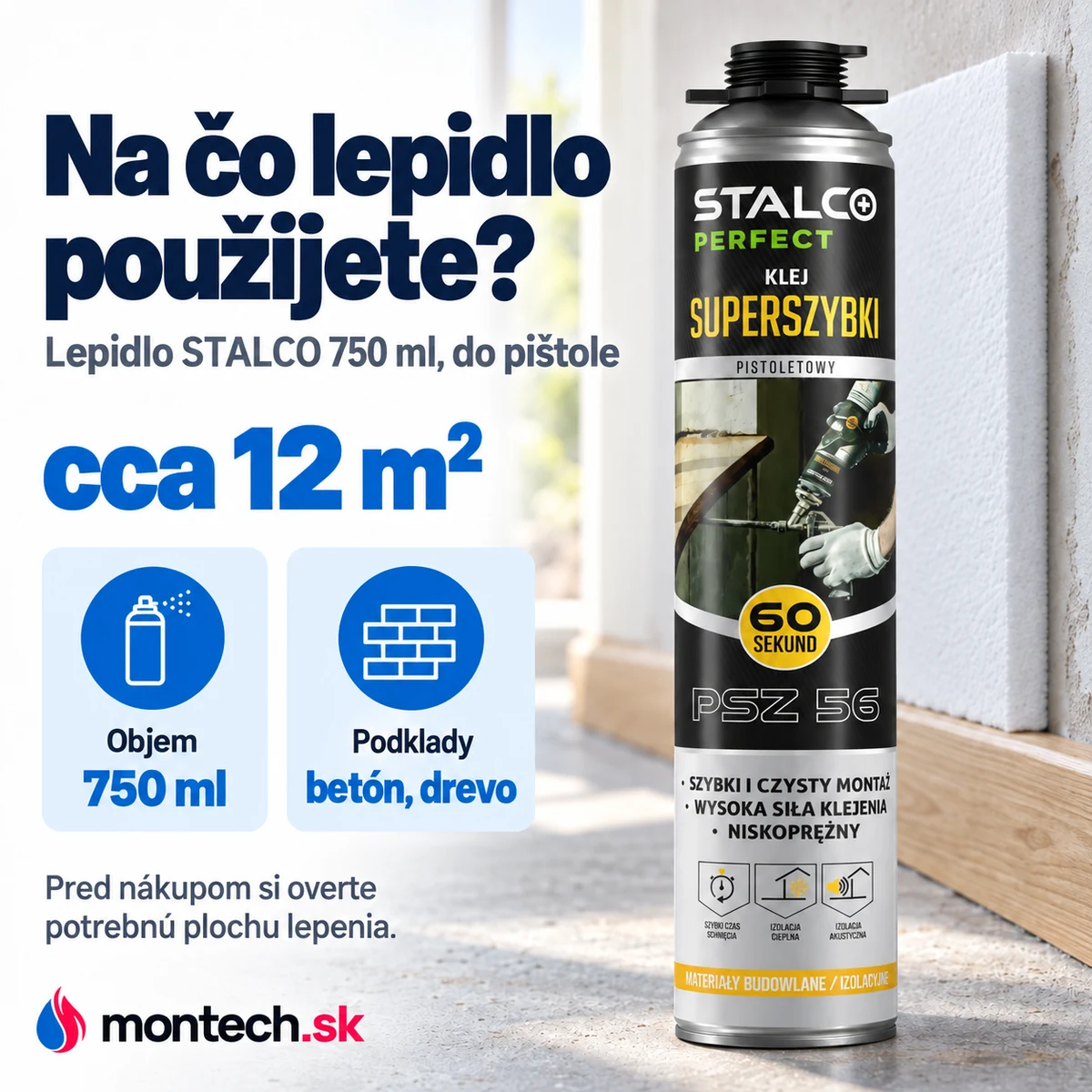 Nádoba lepidla STALCO zaskrutkovaná do aplikačnej pištole, čelný pohľad na bielom pozadí.