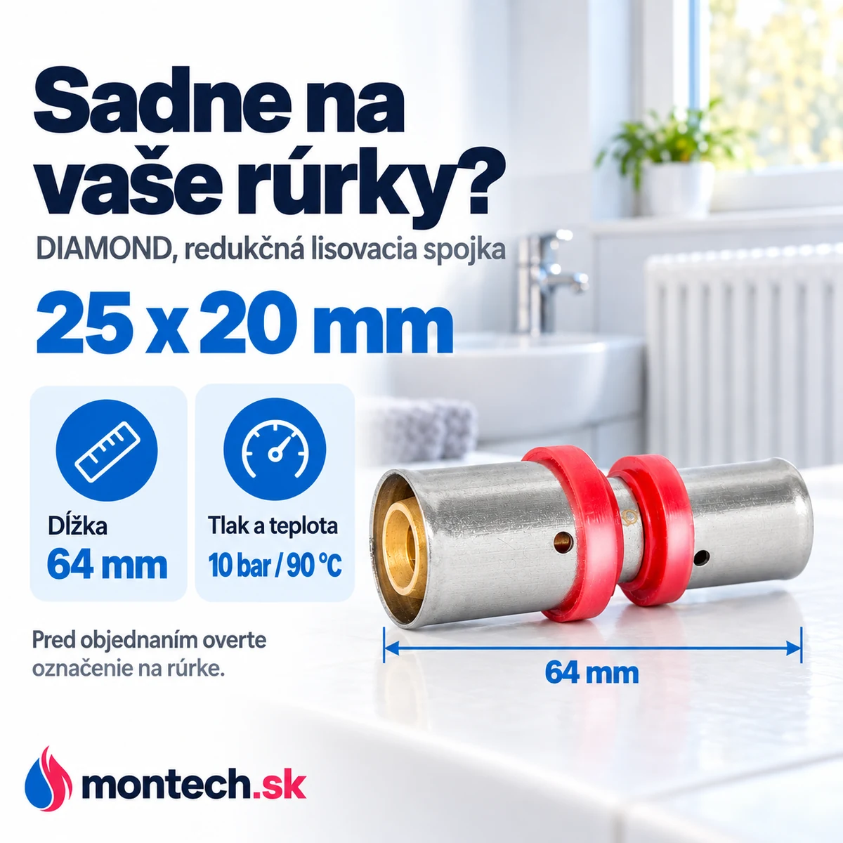 Lisovacia spojka DIAMOND 25 x 20 mm na bielom pozadí s modrou kótou dĺžky 64 mm