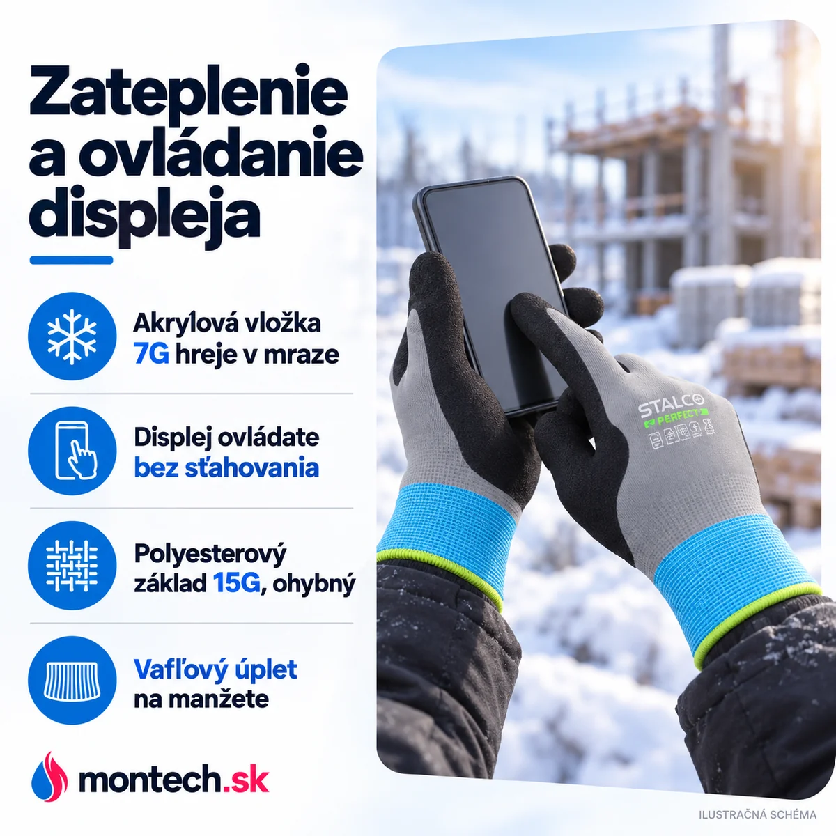 Ruky v zimných rukaviciach držia smartfón a prstom sa dotýkajú displeja v zasneženom prostredí.