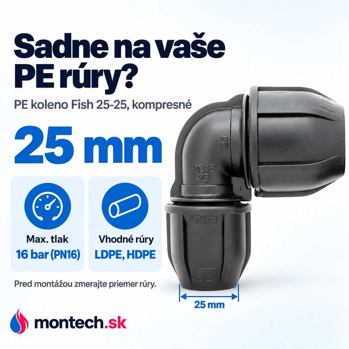 Čierne PE koleno na bielom pozadí s modrou kótou 25 mm pri kruhovom otvore kompresného konca
