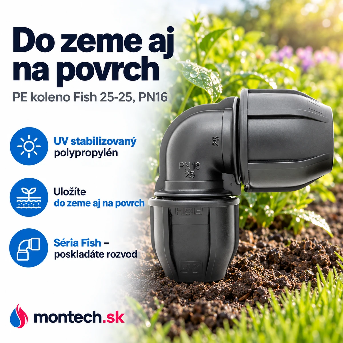 Čierne kompresné PE koleno na tmavej pôde pri okraji zeleného záhona s orosenými rastlinami v pozadí