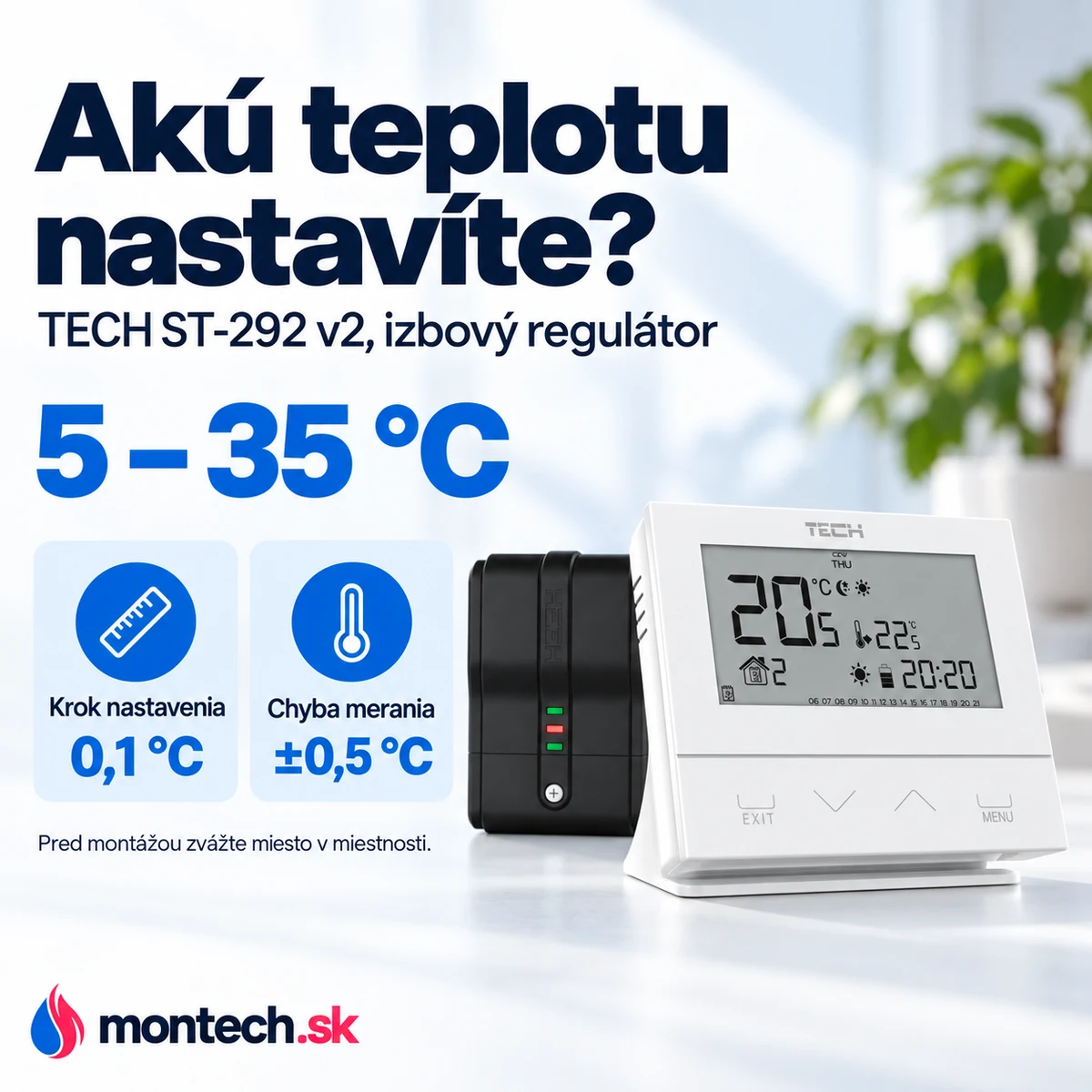 Čelný pohľad na biely regulátor TECH ST-292 v2 na stojančeku na bielom pozadí, za ním čierny prijímací modul