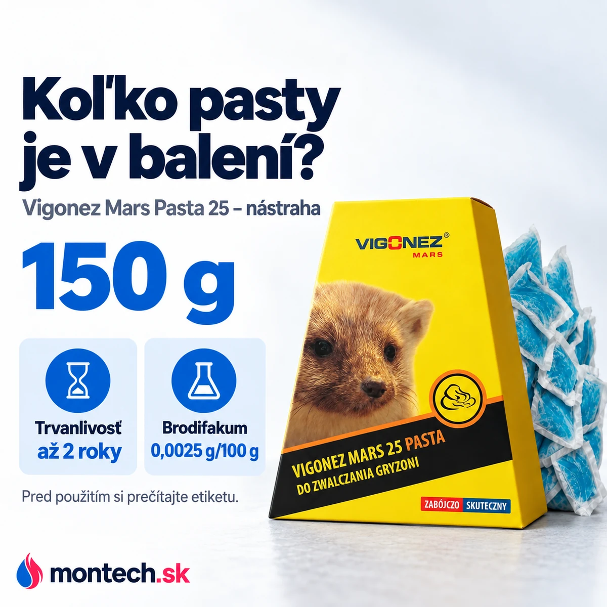 Žltá krabica Vigonez Mars Pasta 25 zpredu na bielom pozadí so zväzkom uzavretých modrých sáčkov opretých o jej spodný okraj.
