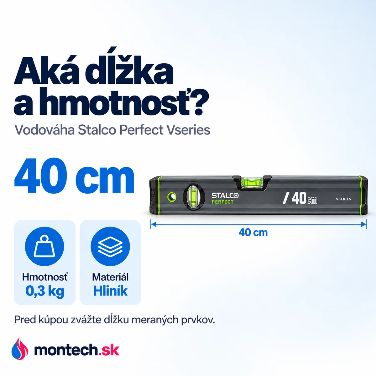 Vodováha zboku na bielom pozadí s modrou kótou dĺžky 40 cm vedenou od jednej koncovky k druhej.