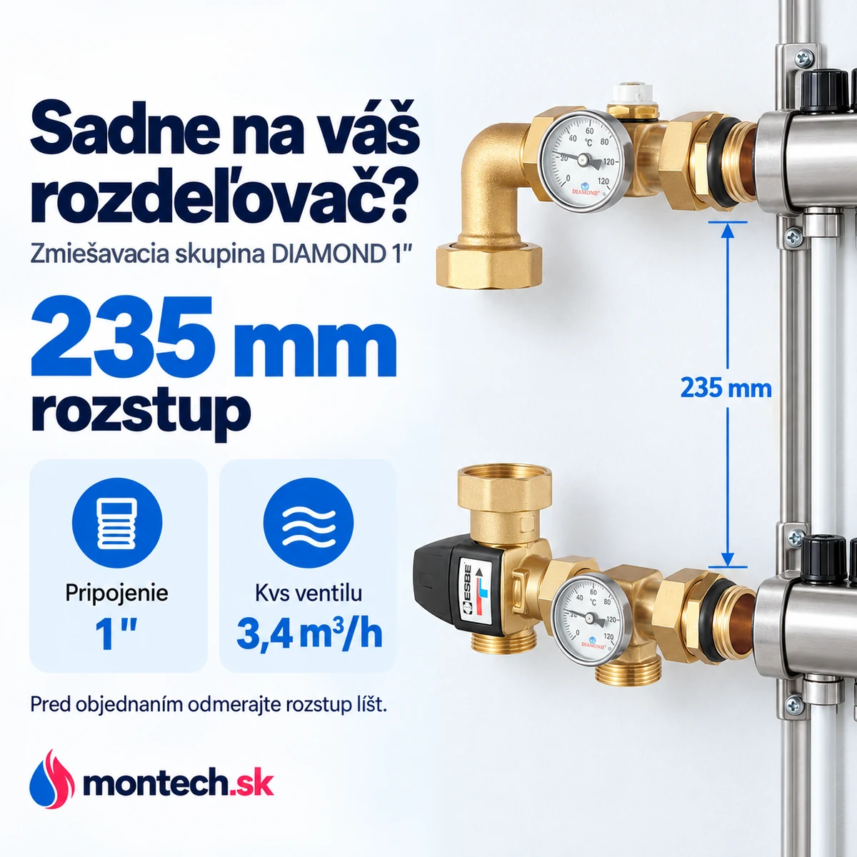 Zmiešavacia skupina nasadená na spodnej a hornej lište rozdeľovača, modrá kóta rozstupu 235 mm, biele pozadie.