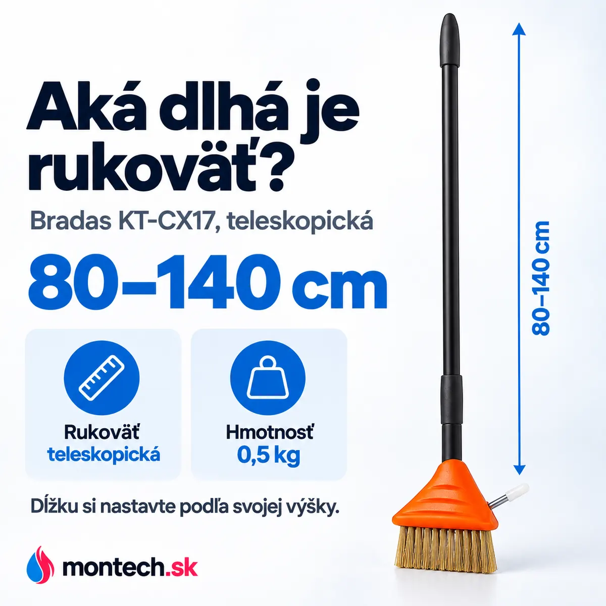 Kefa s teleskopickou rukoväťou postavená na bielom pozadí s modrou kótou dĺžky rukoväte 80–140 cm