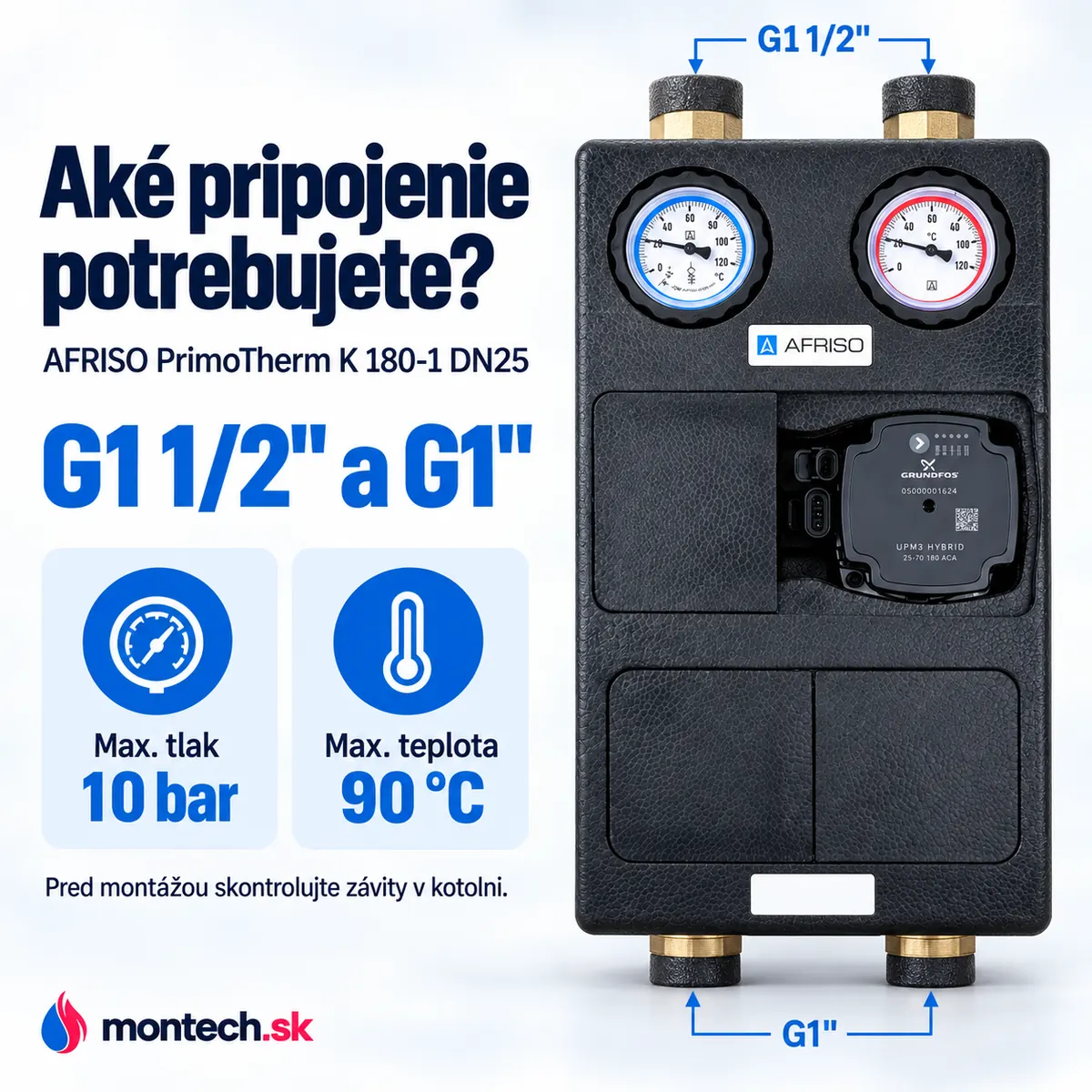 Čerpadlová skupina spredu na bielom pozadí s tenkými modrými šípkami k závitom G1 1/2" a G1".